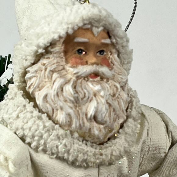 White Fabric Mache Hanging Santa Ornament Rustic Christmas Doll 5.5" Cabincore - Picture 8 of 11